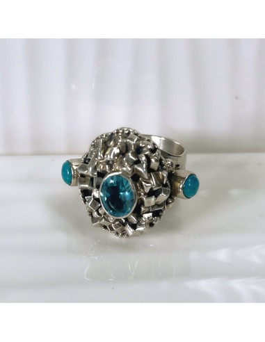 Happy Piasso sterling, aquamarine, and turquoise Navajo ring de France